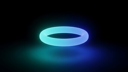 Glowing blue cyan neon torus ring object floating in dark space isolated on white.
