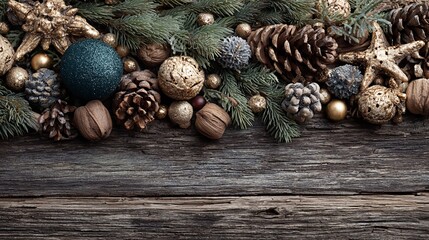 Christmas wooden ornaments on natural rustic background, festive holiday decorations horizontal banner with copyspace