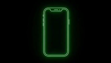 Neon green glowing outline of a modern smartphone on a black background.