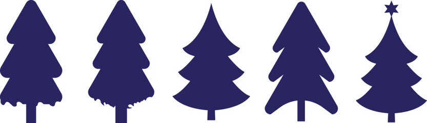Five different christmas tree silhouettes in dark blue on white background. © Apu