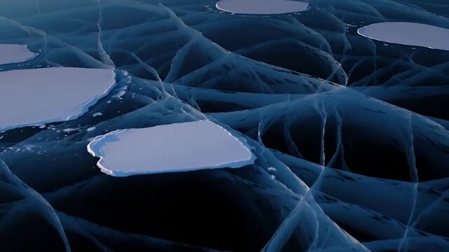 Abstract view of dark blue cracked ice on a frozen lake featuring lighter patches and intricate natural patterns ideal for winter backgrounds