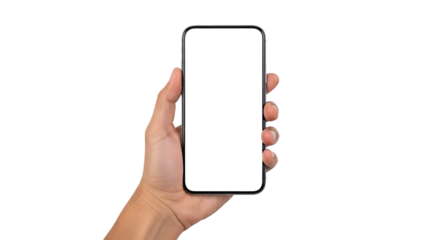 hand holding mobile phone on transparent background