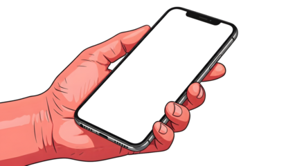 hand holding mobile phone on transparent background