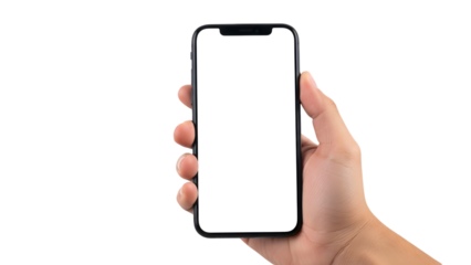 hand holding a mobile phone on transparent background