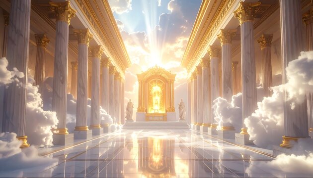 Majestic Olympus Palace with Gleaming Halls and Gods Feasting Amid Divine Celestial Light