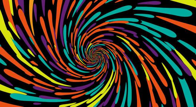 A mesmerizing abstract spiral of vibrant paint splatters in yellow, orange, teal, and purple creates a dynamic, energetic vortex on a dark background, perfect for modern design.