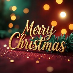 Golden Merry Christmas Text with Pine Needles and Bokeh Lights, Festive Holiday Greetings for Winter Celebrations