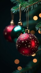 Fototapeta premium Close-up of a decorated Christmas tree with sparkling ornaments and bokeh lights, creating a festive and magical atmosphere perfect for holiday celebrations and winter decor