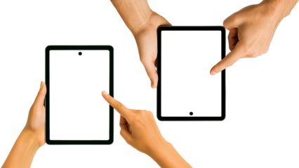 Male and Female Hands Holding Tablets With Screens and background Isolated