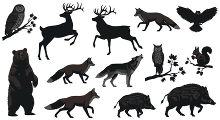 Naklejka premium Collection of forest animals including deer, foxes, bears, wolves, owls, squirrels, and wild boars, rendered in silhouette and detailed illustrations