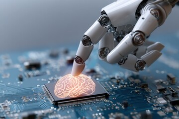 Human finger touches glowing brain symbol on a circuit board, representing the connection between technology and intelligence in a futuristic setting
