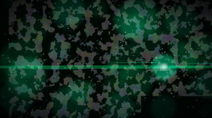 Dark Green Abstract Background with Camouflage Bokeh and Digital Lens Flare.