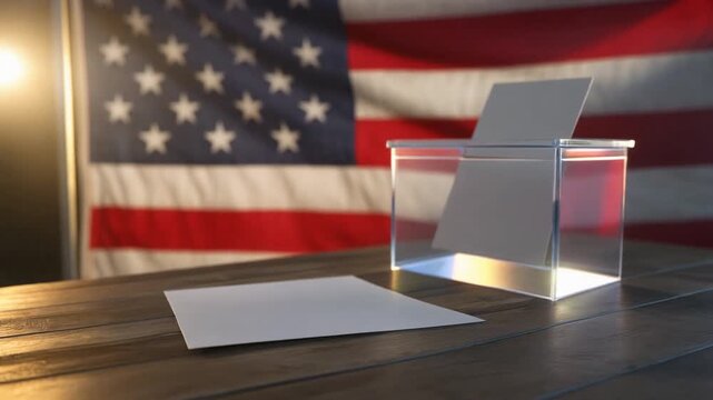 Dynamic sequence shows ballot dropping into clear box before American flag symbolizing election participation and civic duty