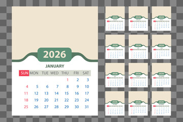 A complete set of calendar pages for the year 2026, featuring all twelve months in a clean, professional vector design. Ideal for planning and scheduling needs.