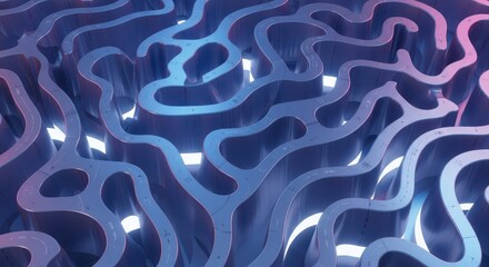 Fototapeta premium Intricate, winding pathways are illuminated from below in a complex, three dimensional maze structure.