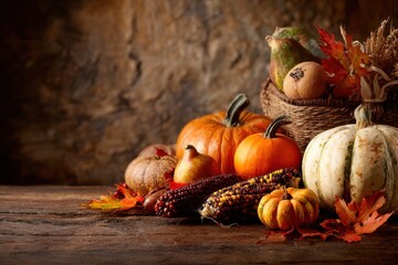 Celebrate Thanksgiving Day with a beautiful wooden table display featuring pumpkins, gourds, and colorful corn surrounded by autumn leaves