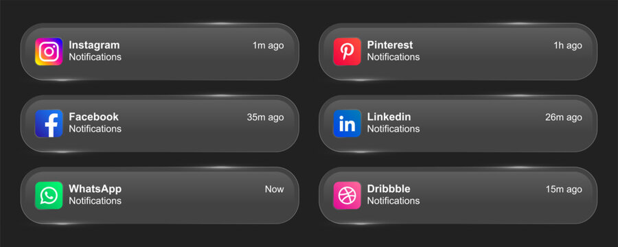 Set of social media liquid glass notifications interface. whatsapp, pinterest, linkedin, facebook, dribbble and instagram with modern mobile UI UX design
