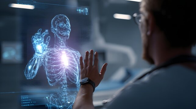 Futuristic Medical Diagnostic with Doctor Examining Holographic Human Skeleton and Internal Organs - Powered by Adobe