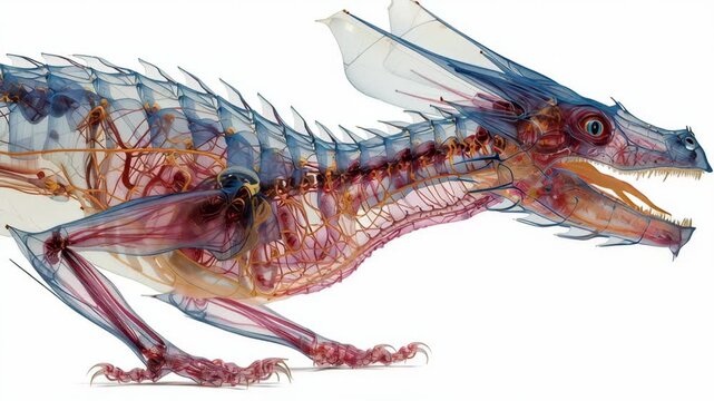 Transparent dragon anatomy showcasing internal organ, skeletal structure, muscle, and vein details in fantasy creature design with vibrant colors and intricate transparent illustration