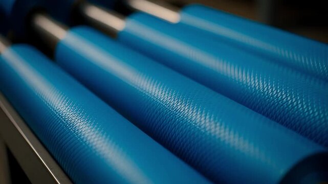 Close-up of blue textured rollers on an industrial machine highlighting manufacturing and production processes