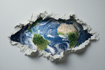 Fototapeta premium Conceptual representation of environmental protection showing a torn paper effect revealing the Earth with green landscapes and blue oceans in a creative and thought-provoking design