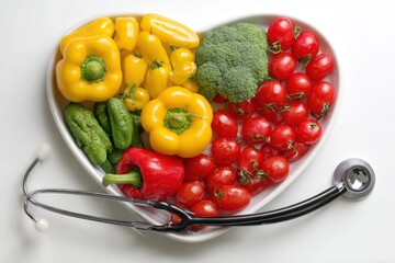 Colorful vegetables arranged in a heart shaped dish with a stethoscope symbolizing healthy eating and nutrition awareness