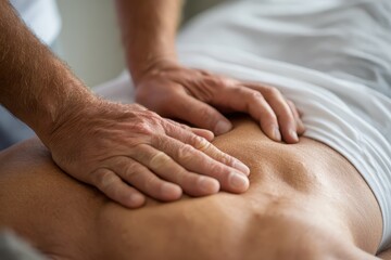 Closeup of male hands providing therapeutic kneading on the thoracic paraspinal muscles in a wellness center setting
