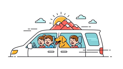 Family travels in a white van with a dog, mountains, sun and clouds on top