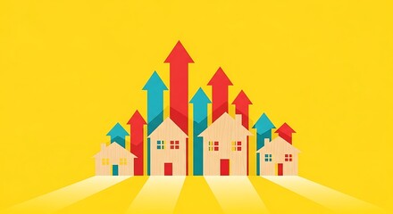 Fototapeta premium Wooden houses stand before rising red and blue arrows symbolizing strong real estate market growth and appreciation