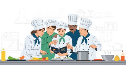 Group of chefs reviewing a recipe in a cookbook while preparing food in a kitchen