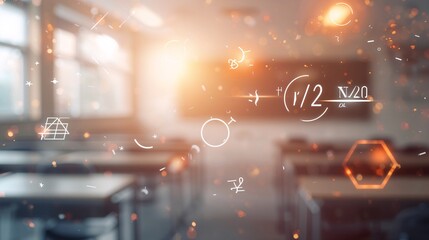 Dreamy classroom setting presents gentle blur over chair table and blackboard interior wallpaper background