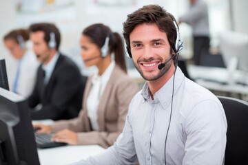Professional male customer service representative assisting clients in a busy office environment during the day