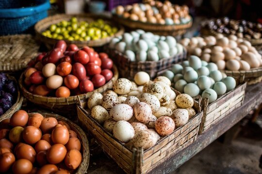 Eggs for sale at a bustling market in Vietnam showcasing a colorful variety of types presented in traditional woven baskets - Powered by Adobe