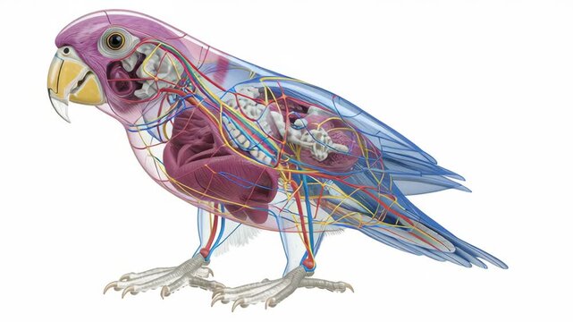Bird anatomy illustration highlighting muscle, vascular, air sac, skeleton, claw, beak, and wing structures with detailed scientific visualization of internal organs and respiratory systems vibrant