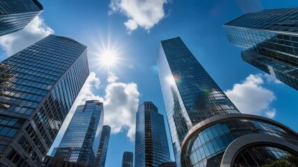 Modern Cityscape Under a Bright Sun, Reflecting the Sky on Glass Buildings - Powered by Adobe