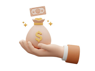 Fototapeta premium 3d rendering of a hand holding a money bag with a banknote floating above, isolated on white isolated on transparent background