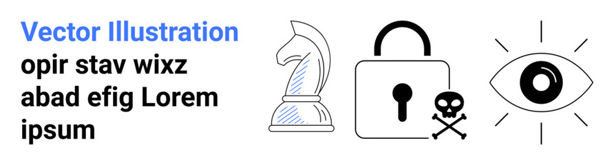 Cybersecurity, strategy, data privacy, hacking threats, surveillance, visual . Chess knight, lock with skull symbol and eye. Cybersecurity and data privacy through symbols