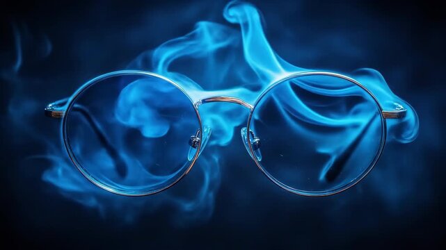 Glasses with round frames surrounded by flowing blue smoke