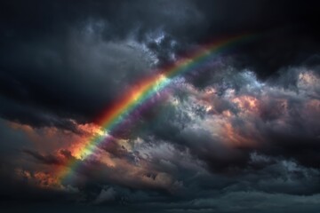 Fototapeta premium Stormy sky showcasing a vibrant rainbow amidst dark clouds right after the rain has fallen over the landscape, creating a unique contrast and a moment of natural beauty