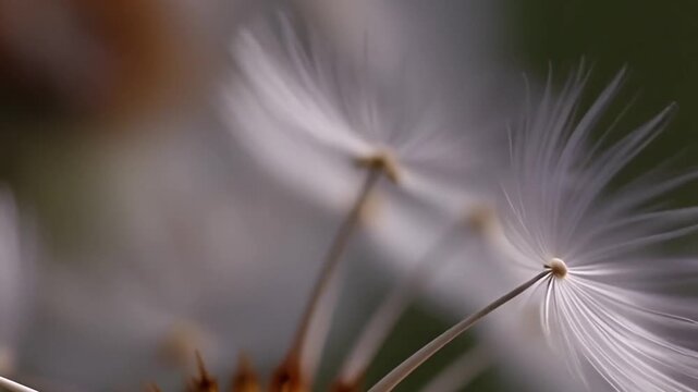 Macro shot of delicate white dandelion seeds featuring soft focus and a blurred background perfect for themes of nature fragility and new beginnings
