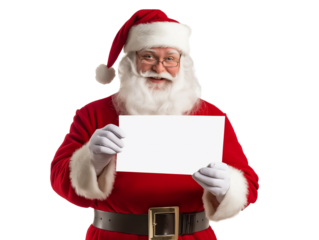 Santa Claus holding a blank white sign, isolated on white background