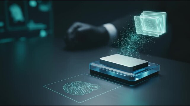 Digital data transfer ai technology deepfake risks cyber crimes hologram interface forensic expert analyzing advanced data extraction brain inspired