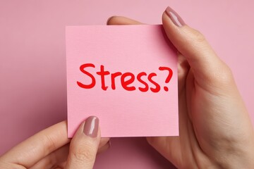 Hand holding a pink sticky note with the word stress on it, highlighting feelings during a busy workday in a bright room