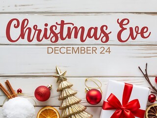 Christmas Eve Flat Lay with Decorations and Gift december 24