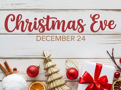 Christmas Eve Flat Lay with Decorations and Gift december 24