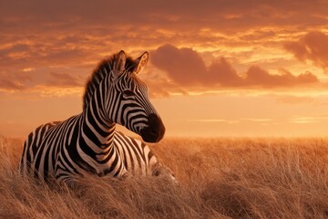 Obraz premium Zebra relaxing in a serene national park savannah during sunset with warm hues in the sky and tall grass surrounding the calm animal