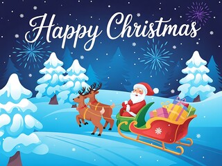 Santa Claus in sleigh pulled by reindeer with Christmas trees and fireworks