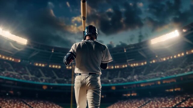 Dramatic Baseball Night Game with Batter Ready to Swing