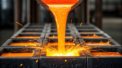 A close-up shot of molten metal being poured from a ladle into molds in a foundry, creating sparks