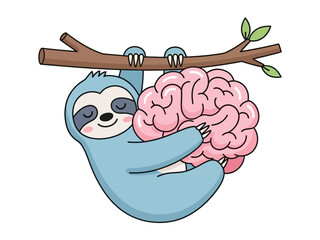 Naklejka premium A cute cartoon sloth is hanging from a tree branch, hugging a pink human brain with its arms.